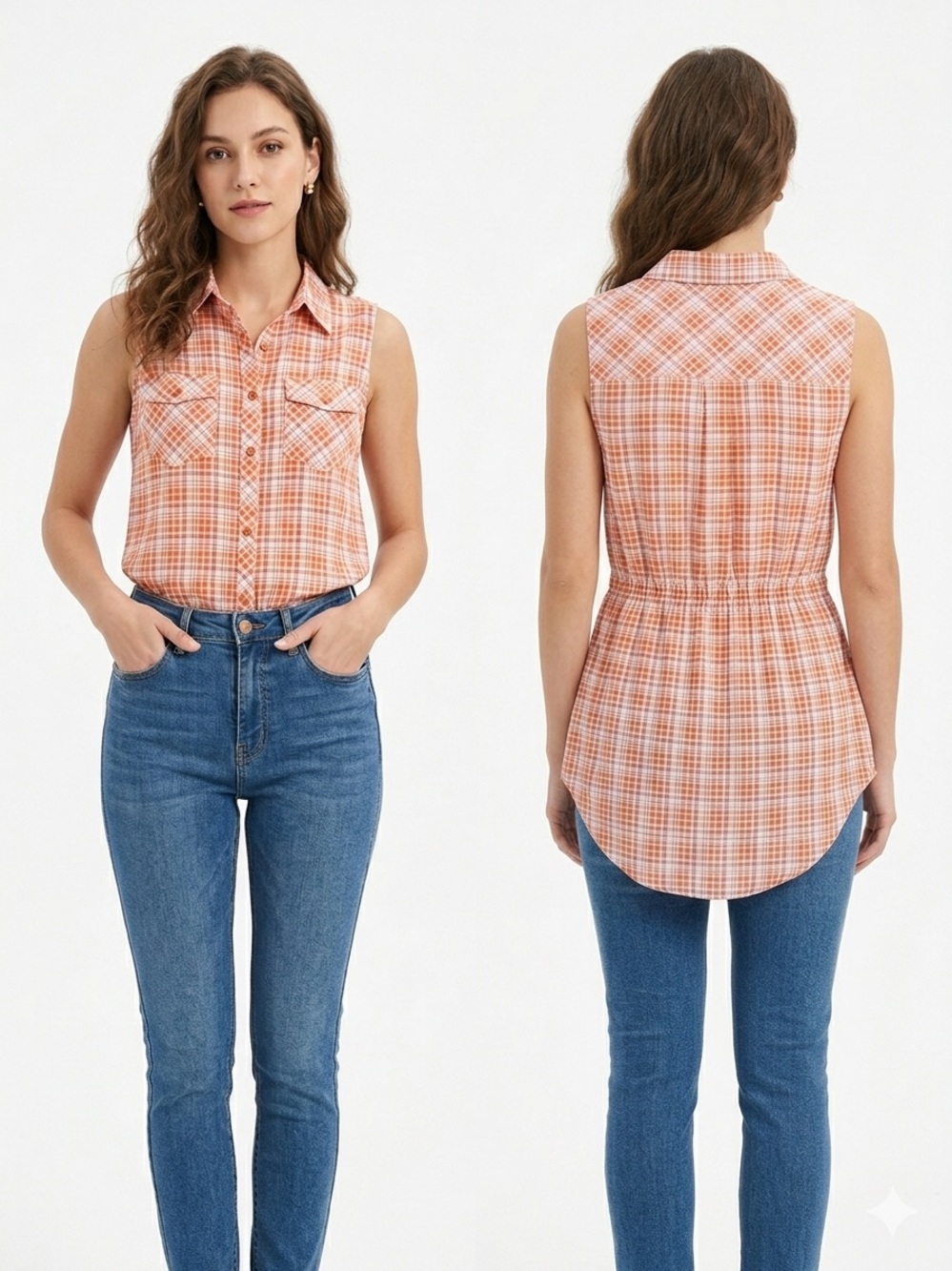 Women Available by Angela Fashion Orange Plaid Button Down Tank Top Size L